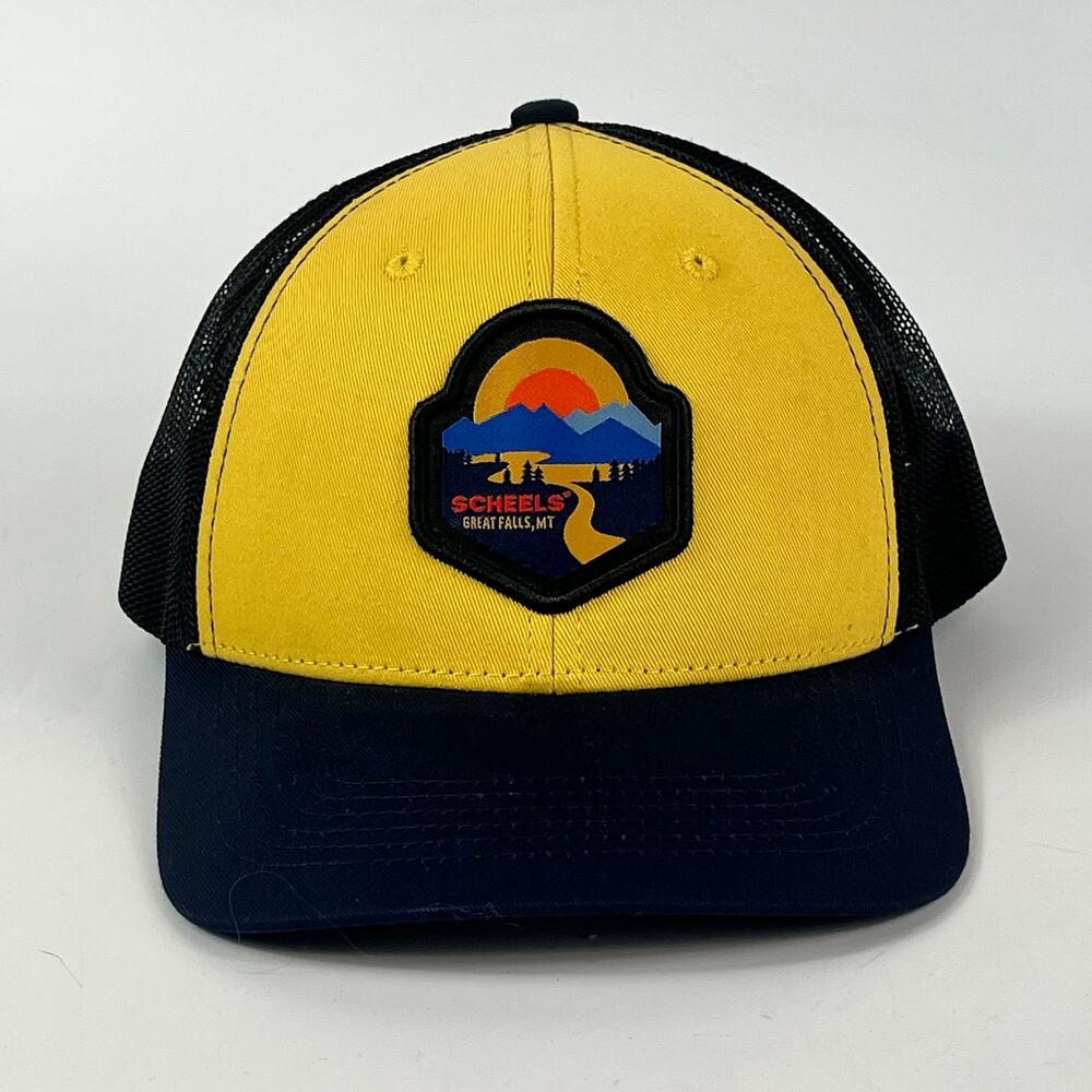 Scheels Mens Yellow Trucker Cap Baseball Hat Great Falls Montana Mesh Snapback